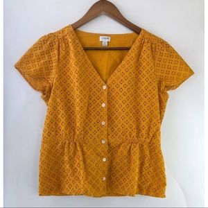 J. Crew Mustard Eyelet Button Up Babydoll Top with Cinch Waist | Size 10